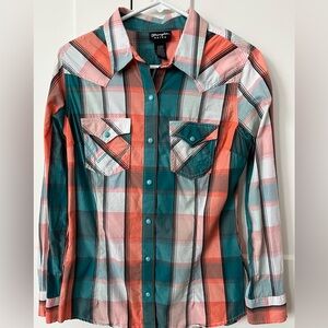 Wrangler Retro Ladies Plaid Shirt - Teal and Coral - Size Small